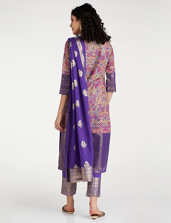 BIBA Women Purple Voile Regular Straight Printed Kurta Slim Pant Suit Set - Image 2