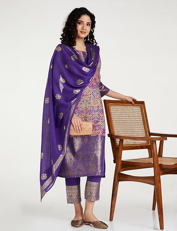 BIBA Women Purple Voile Regular Straight Printed Kurta Slim Pant Suit Set - Image 3