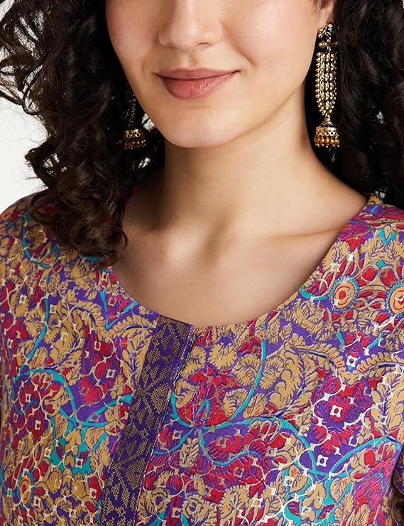 BIBA Women Purple Voile Regular Straight Printed Kurta Slim Pant Suit Set - Image 4