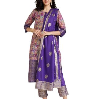 BIBA Women Purple Voile Regular Straight Printed Kurta Slim Pant Suit Set